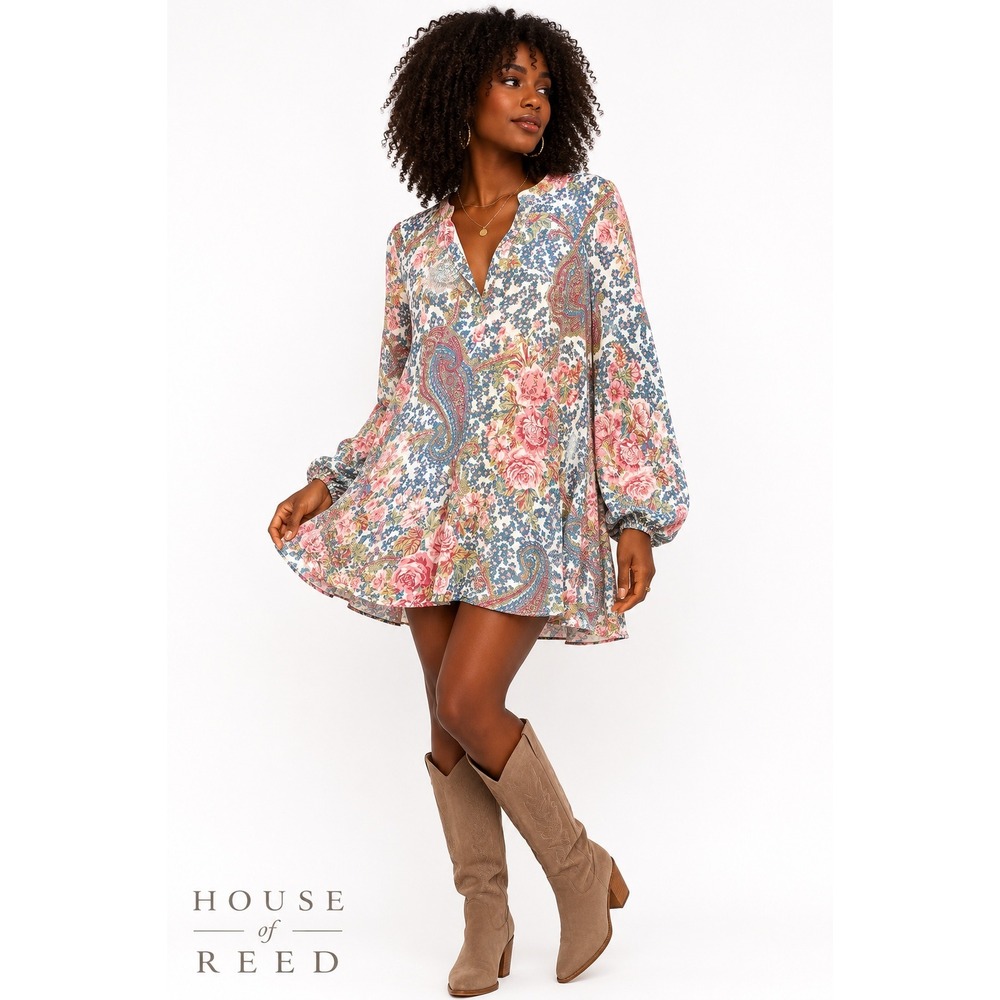 Show Me Your Mumu Floral Paisley Mini Dress Long Sleeve Jamie Tunic Pink Blue M